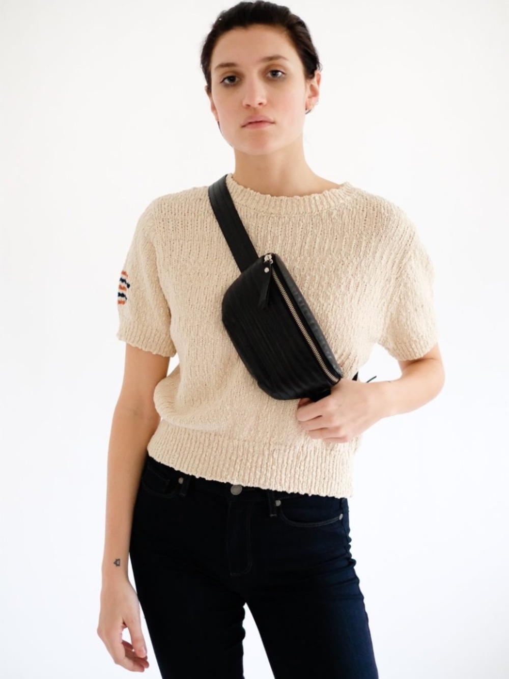 BEKLINA The Ribbed Belt Bag Fanny Pack In Black Leather NWOT